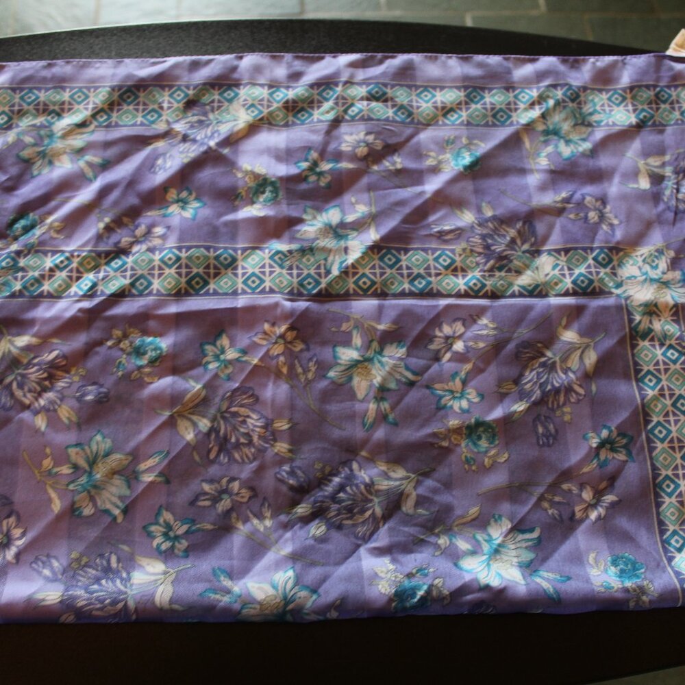 Vintage Scarf Purple, Blue Flowers, Silken Polyester Made In Italy